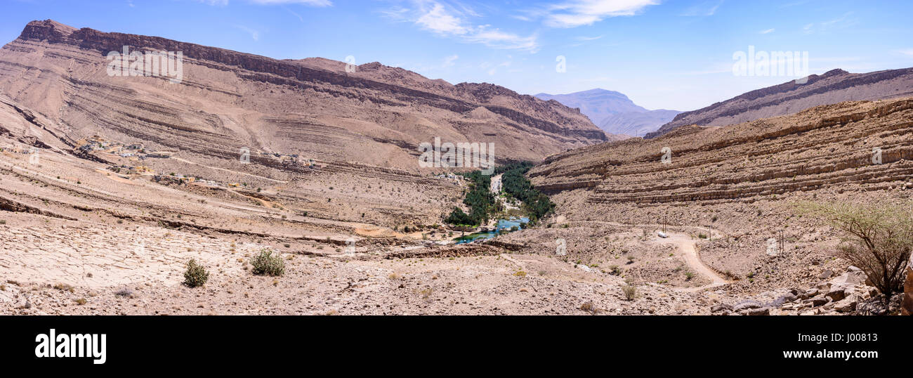 Panoramic view of  the valley of Wadi Bani Khalid, Oman. We can see the main pool and many tourists going and coming in/from the canyon. Stock Photo