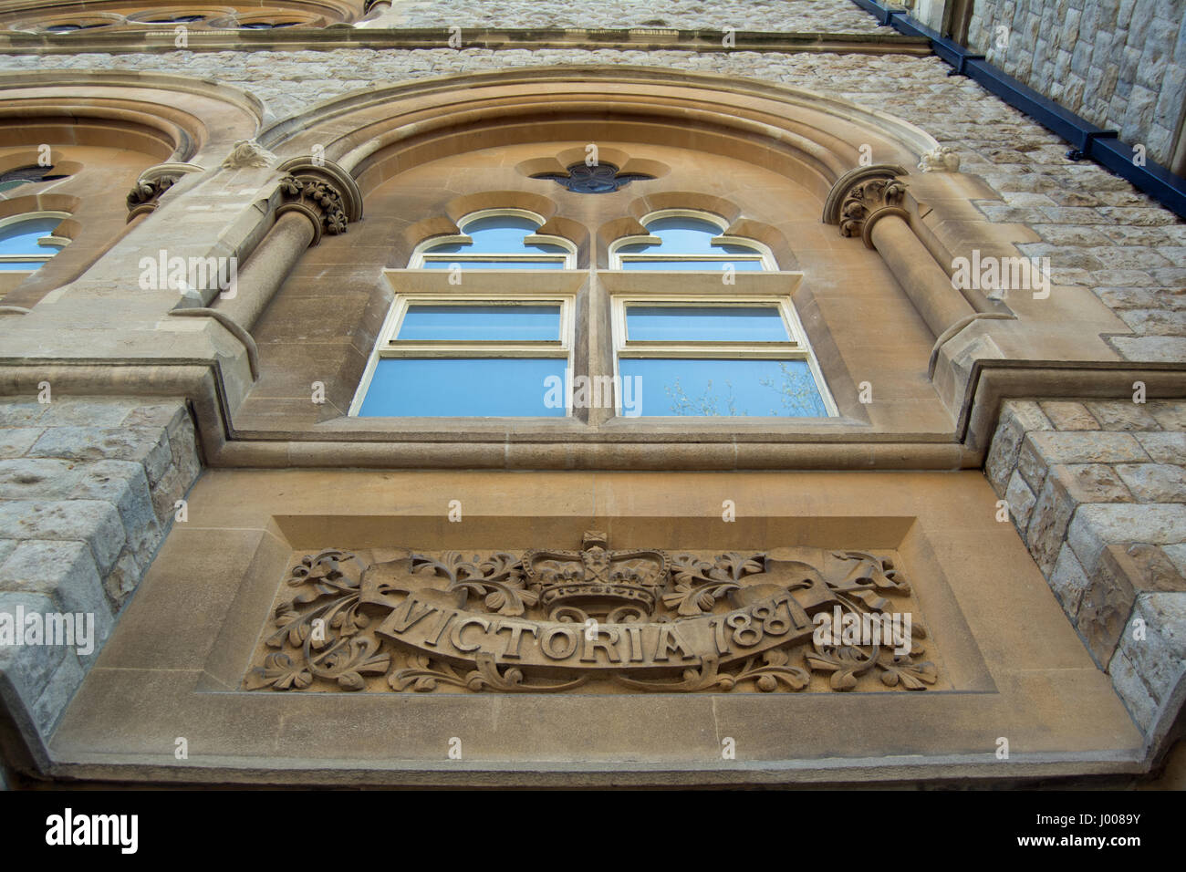 wall plaque commemorating the 1887 golden jubilee of queen victoria, victoria hall, ealing, west london, england Stock Photo