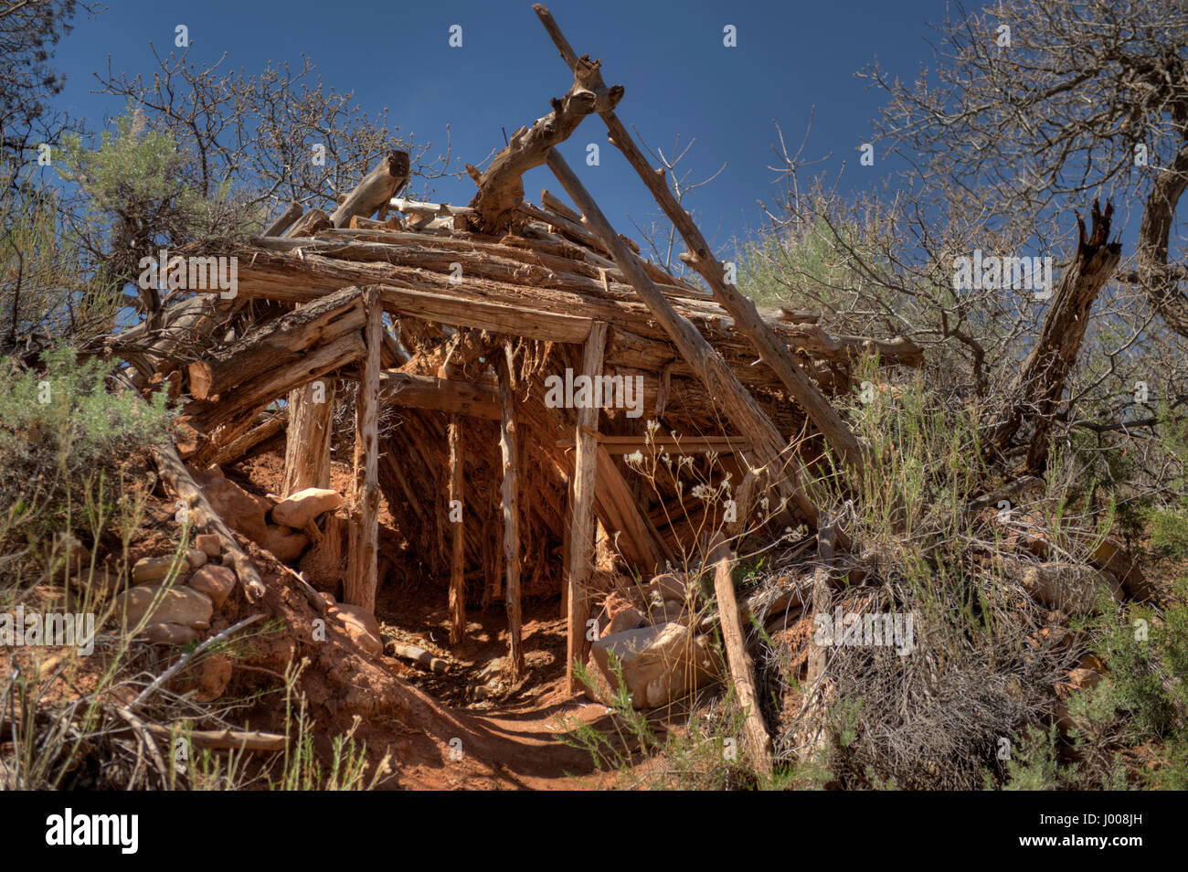 Remains of a hideout allegedly used by Butch Cassidy in Hideout Canyon, near Moab, Utah.  Four wheel drive or a horse is required to get here. Stock Photo