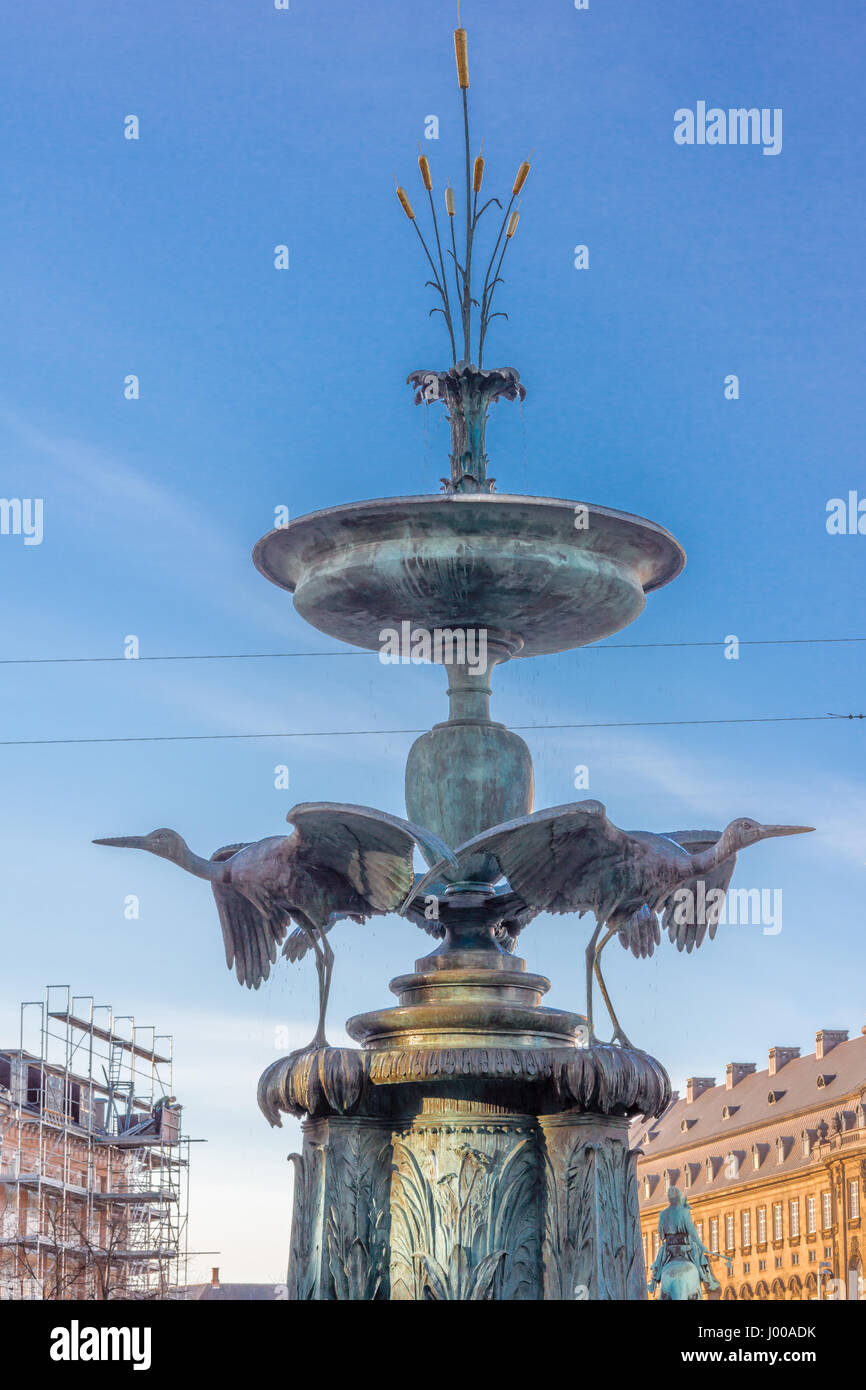 The stork foutain at Amagertorv from 1894,  in the Pedestrian Street Stroget, Copenhagen, Denmark, 2017 Stock Photo