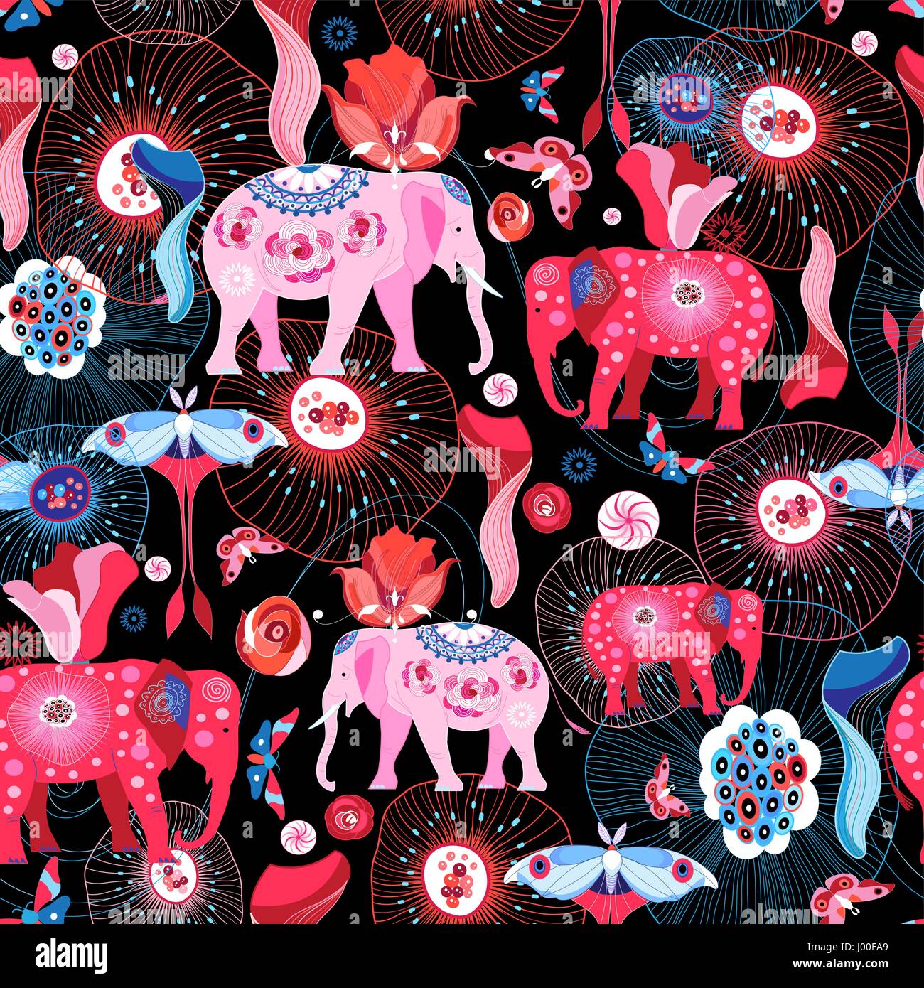 Seamless efthasis pattern with pink elephants and butterflies Stock Vector