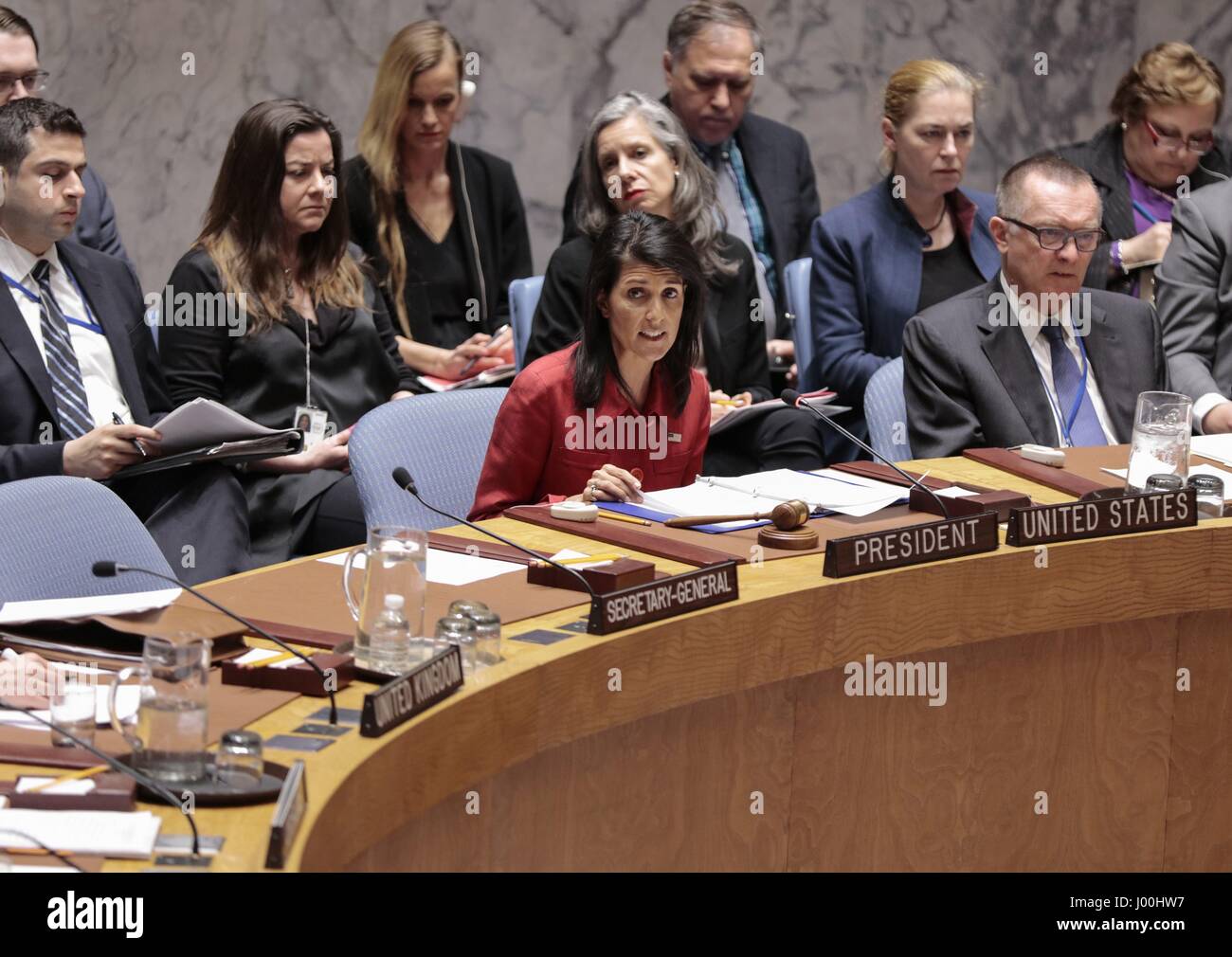 United Nations, New York, USA, 07 April 2017 - The Security Council held an emergency meeting on the situation in Syria, following reports of air strikes against the Shayrat Airbase in Syria conducted by the United States. Nikki Haley, United States Permanent Representative to the UN and President of the Security Council for April, addresses the meeting today at the UN Headquarters in New York. Photo: Luiz Rampelotto/EuropaNewswire | usage worldwide Credit: dpa picture alliance/Alamy Live News Stock Photo