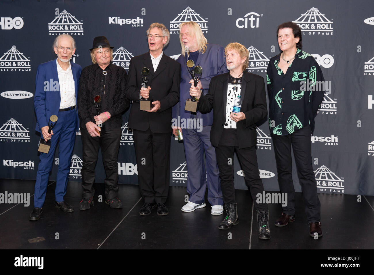 Brooklyn, New York, USA. 7th Apr, 2017. STEVE HOWE, ALAN WHITE, TONY KAYE, RICK WAKEMAN, JON ANDERSON and TREVOR RABIN of Yes walk the red carpet at Barclay's Center during the Hall of Fame Induction ceremony in Brooklyn, New York Credit: Daniel DeSlover/ZUMA Wire/Alamy Live News Stock Photo