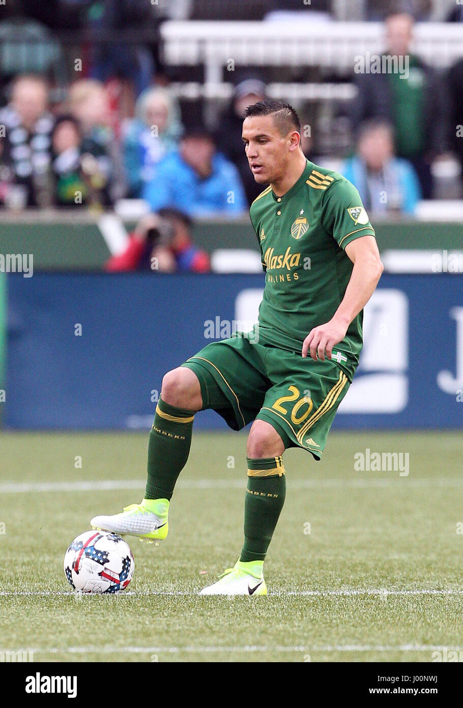 April 02, 2017. Portland Timbers midfielder David Guzman (20) in action during the MLS match between the visiting New England Revolution and the Portland Timbers at Providence Park, Portland, OR. Larry C. Lawson/CSM Stock Photo
