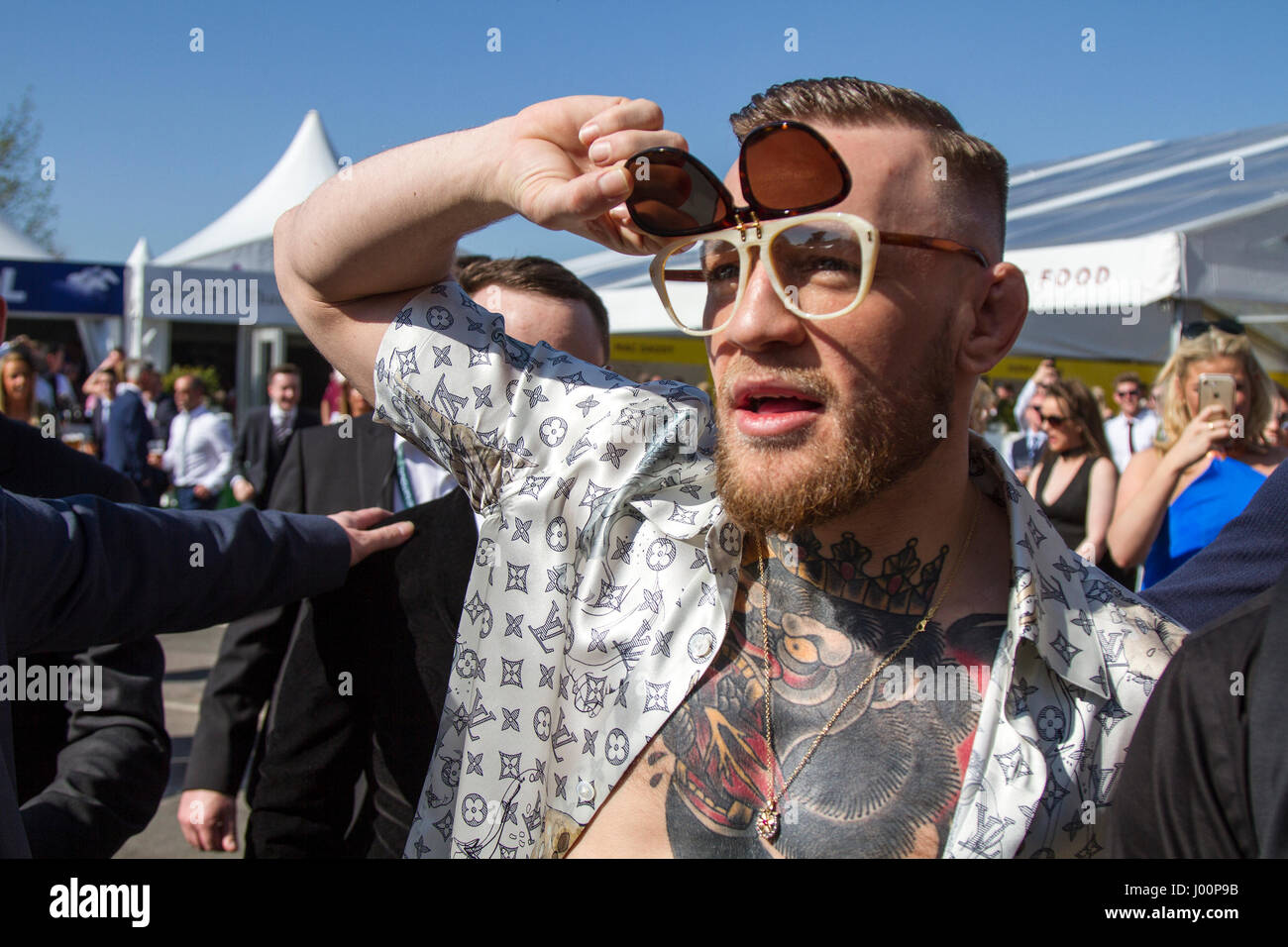 Randox Health Grand National, Liverpool, Merseyside. 8th April 2017. Famous  UFC MMA boxer 'Conor McGregor' attends the Grand National horse racing  event amid tight security. Known for his own fashion sense and