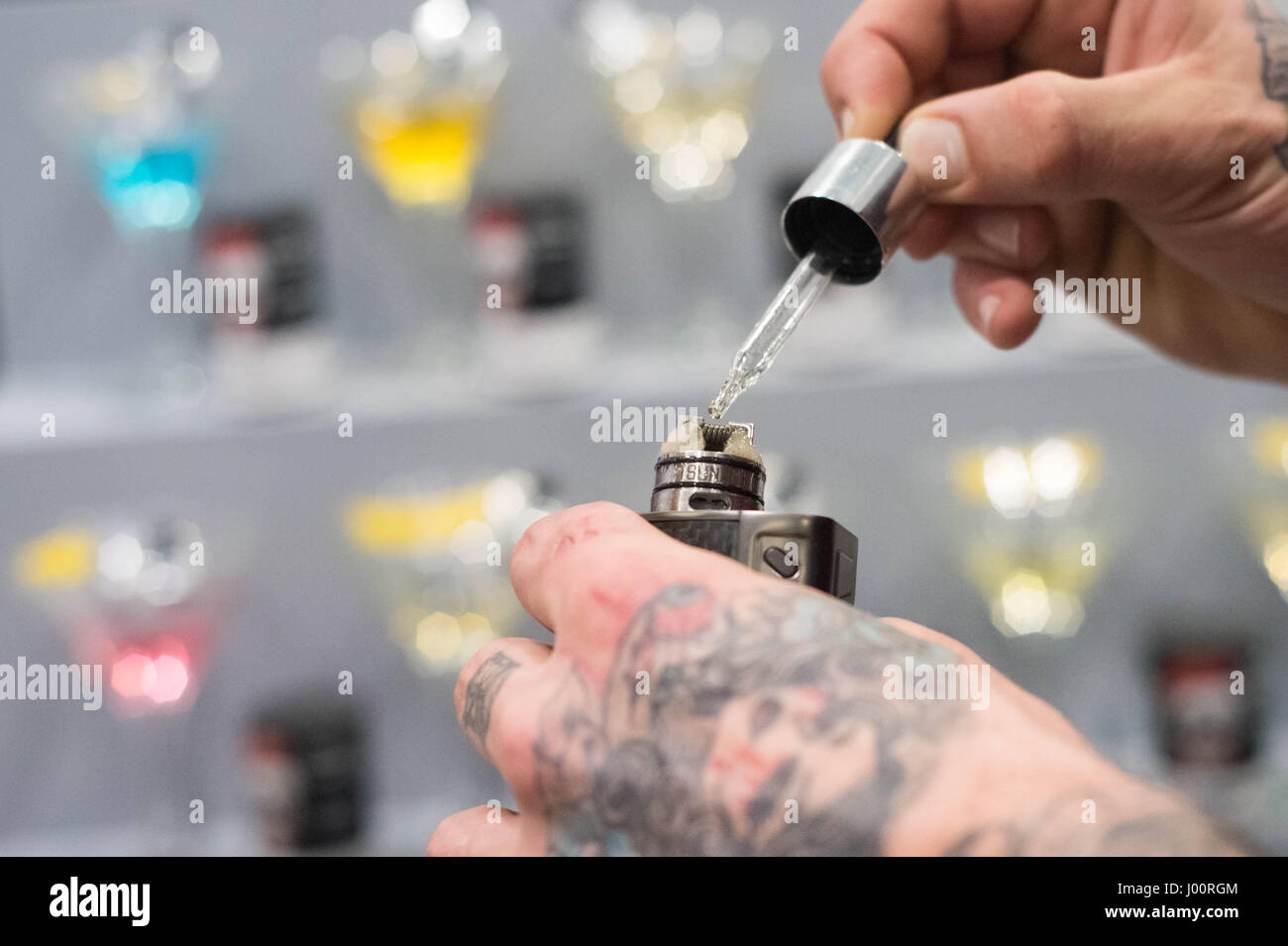 London, UK. 8th April, 2017. Vape Jam UK sees hundreds of vaping enthusiasts and electronic cigarette businesses attend the third instalment of Vape Jam convention at ExCeL London. © Guy Corbishley/Alamy Live News Stock Photo