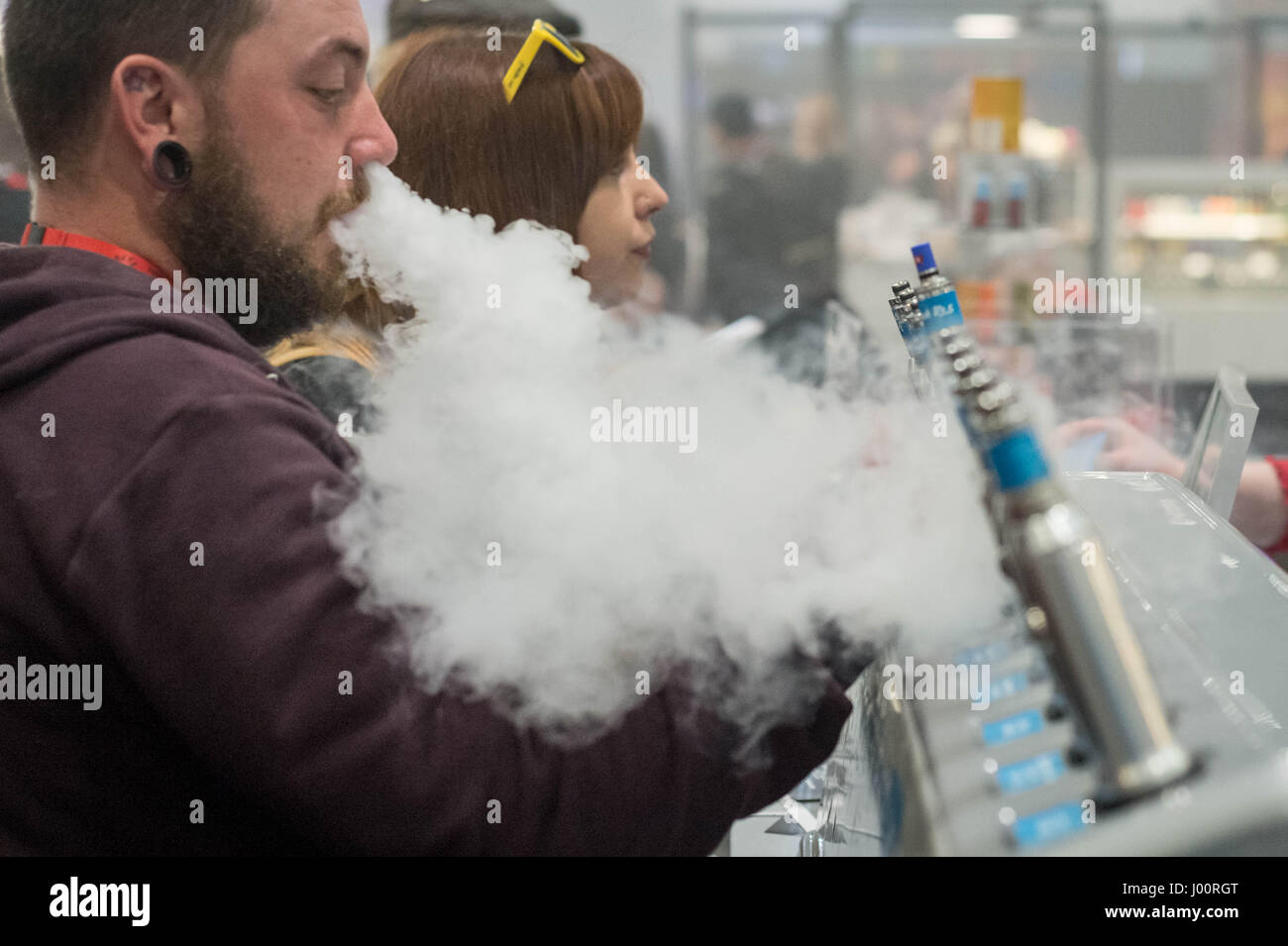 London, UK. 8th April, 2017. Vape Jam UK sees hundreds of vaping enthusiasts and electronic cigarette businesses attend the third instalment of Vape Jam convention at ExCeL London. © Guy Corbishley/Alamy Live News Stock Photo