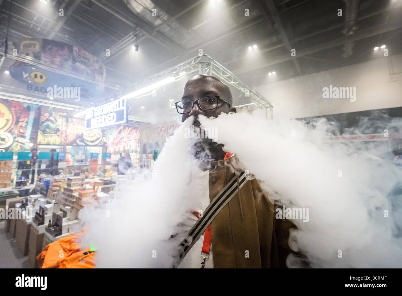 London, UK. 8th April, 2017. Vape Jam UK sees hundreds of vaping enthusiasts and electronic cigarette businesses attend the third instalment of Vape Jam convention at ExCeL London. © Guy Corbishley/Alamy Live News Stock Photo