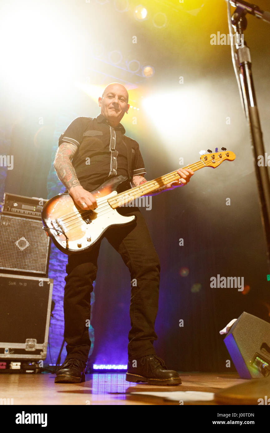 San Diego, California. April 7, 2017. Bassist Stu West  performs with the Damned at the House of Blues. Originally formed in 1976 in London, The Damned is on their 40th anniversary tour. Stock Photo