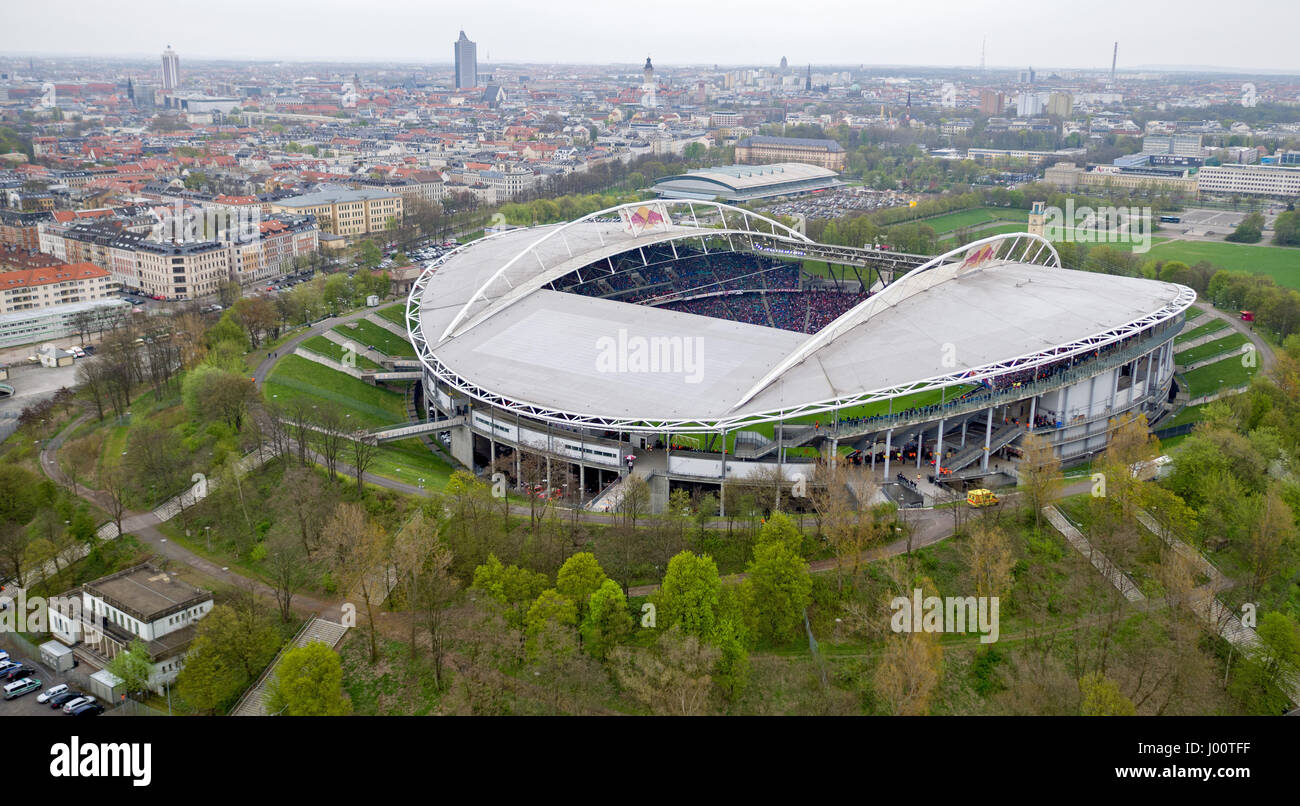 Leipzig, Germany. 8th Apr, 2017. View of the Red Bull Arena during the German Bundesliga soccer match between RB Leipzig and Bayer 04 Leverkusen at the Red Bull Arena in Leipzig, Germany, 8 April 2017. (Photographed with a drone). Photo: Jan Woitas/dpa-Zentralbild/dpa/Alamy Live News Stock Photo