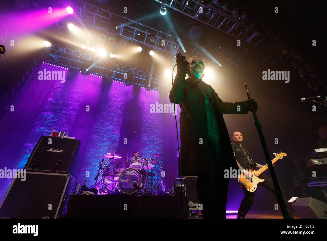 San Diego, California. April 7, 2017. Originally formed in 1976 in London, The Damned performs at the House of Blues during their 40th anniversary tour. Singer Dave Vanion is backed by drummer Pinch and base player Stu West. Stock Photo