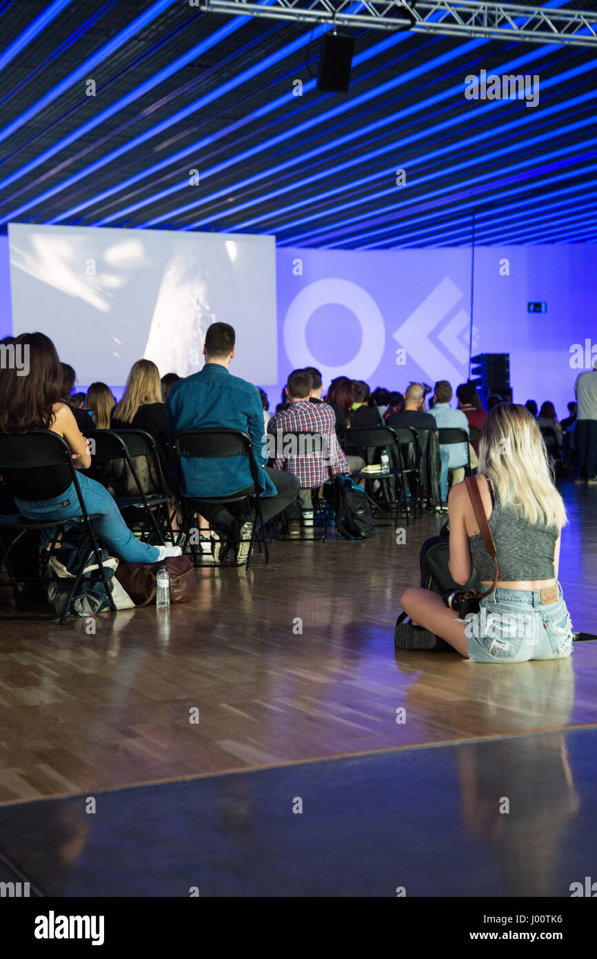 Barcelona, Spain, April 8 2017 The OFFF Festival at Museu Del Disseny in Barcelona. The popular conference attracts designers, artists, filmmakers and photographers from around the world. Pictured: The popular Ivan Cash is spaking in the main Roots Room. Picture: Rob Watkins/Alamy News Stock Photo