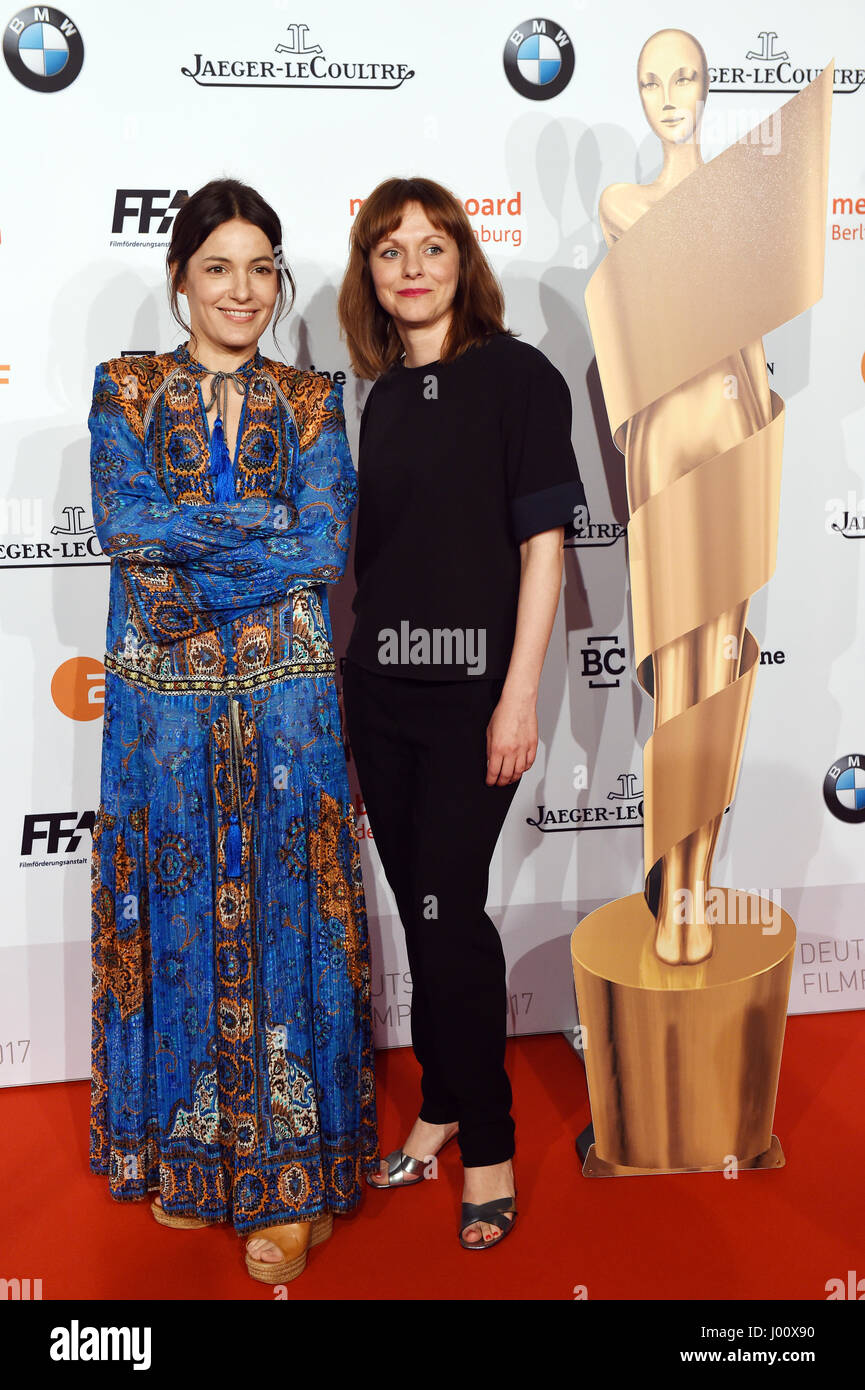 Berlin, Germany. 8th Apr, 2017. Actresses Nicolette Krebitz (l) and Maren Ade arrive at the reception for the nominees of the German Film Award ('Deutscher Filmpreis') in Berlin, Germany, 8 April 2017. Photo: Maurizio Gambarini/dpa/Alamy Live News Stock Photo