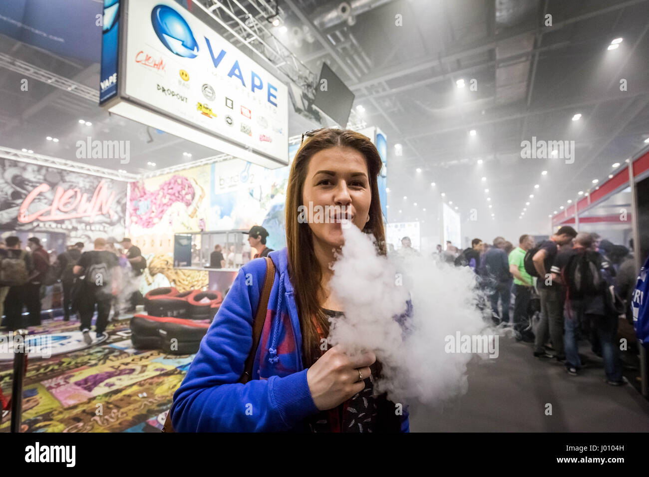 London, UK. 8th April, 2017. Vape Jam UK sees hundreds of vaping enthusiasts and electronic cigarette businesses attend the third instalment of Vape Jam convention at ExCeL London. © Guy Corbishley/Alamy Live News Stock Photo