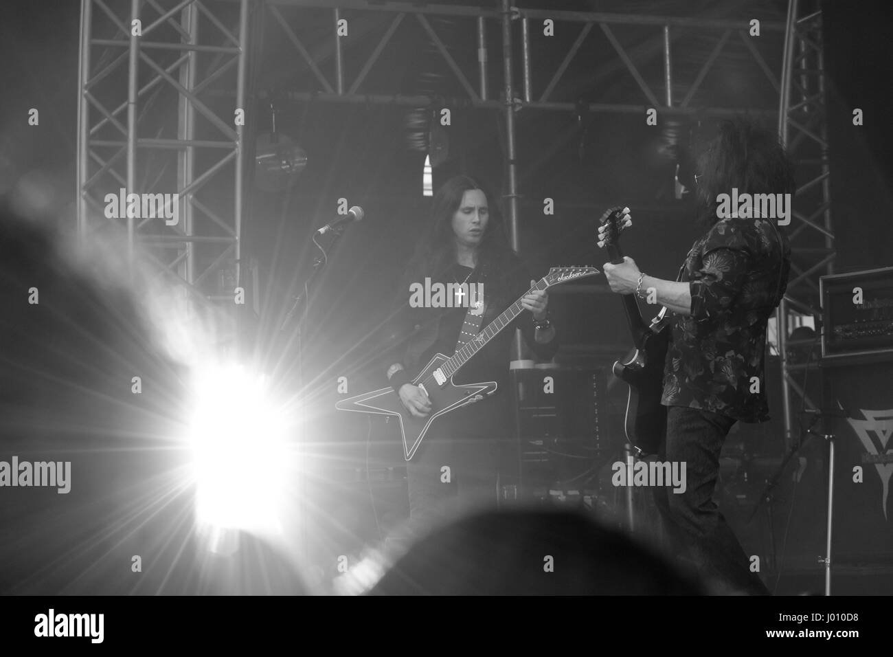 Frankfurt, Germany. 8th April 2017. Steve Stevens performing with Gus G. and Franky Perez on the Center Stage at Musikmesse in Frankfurt, Germany Credit: Markus Wissmann/Alamy Live News Stock Photo