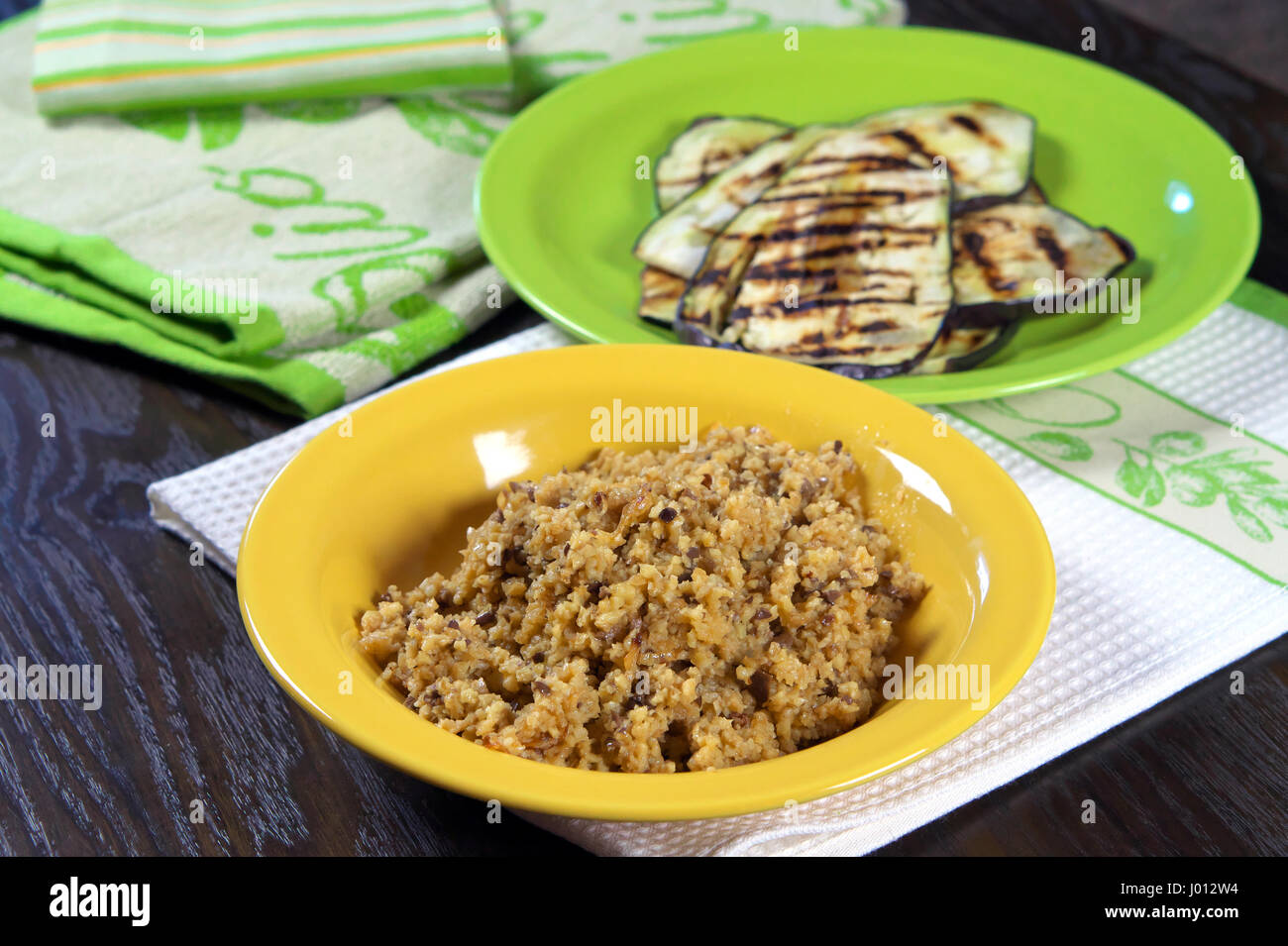 Chopped seitan and grilled aubergine Preparing aubergine (eggplant