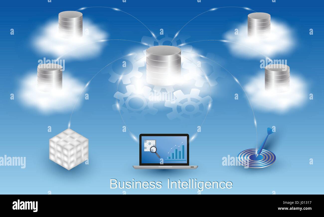 Business Intelligence concept. Cloud data storage. Data processing flow ...