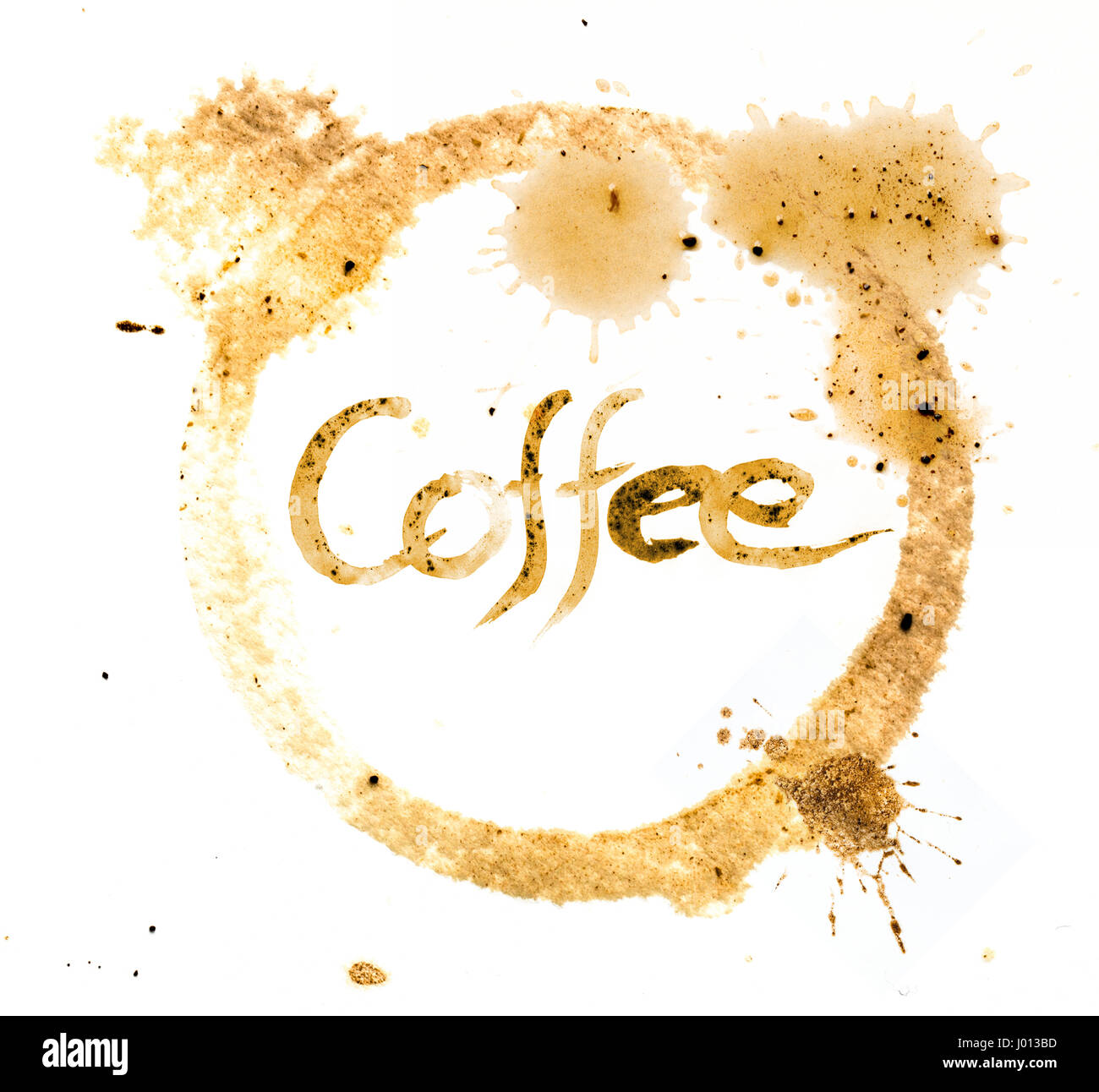 word coffee written with coffee ink in cofee cup circle stain Stock Photo