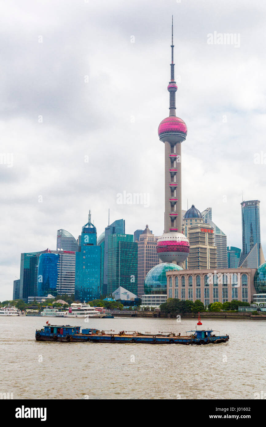 China, Shanghai.  Oriental Pearl Television Tower, Pudong District, across the River Huangpu. Stock Photo