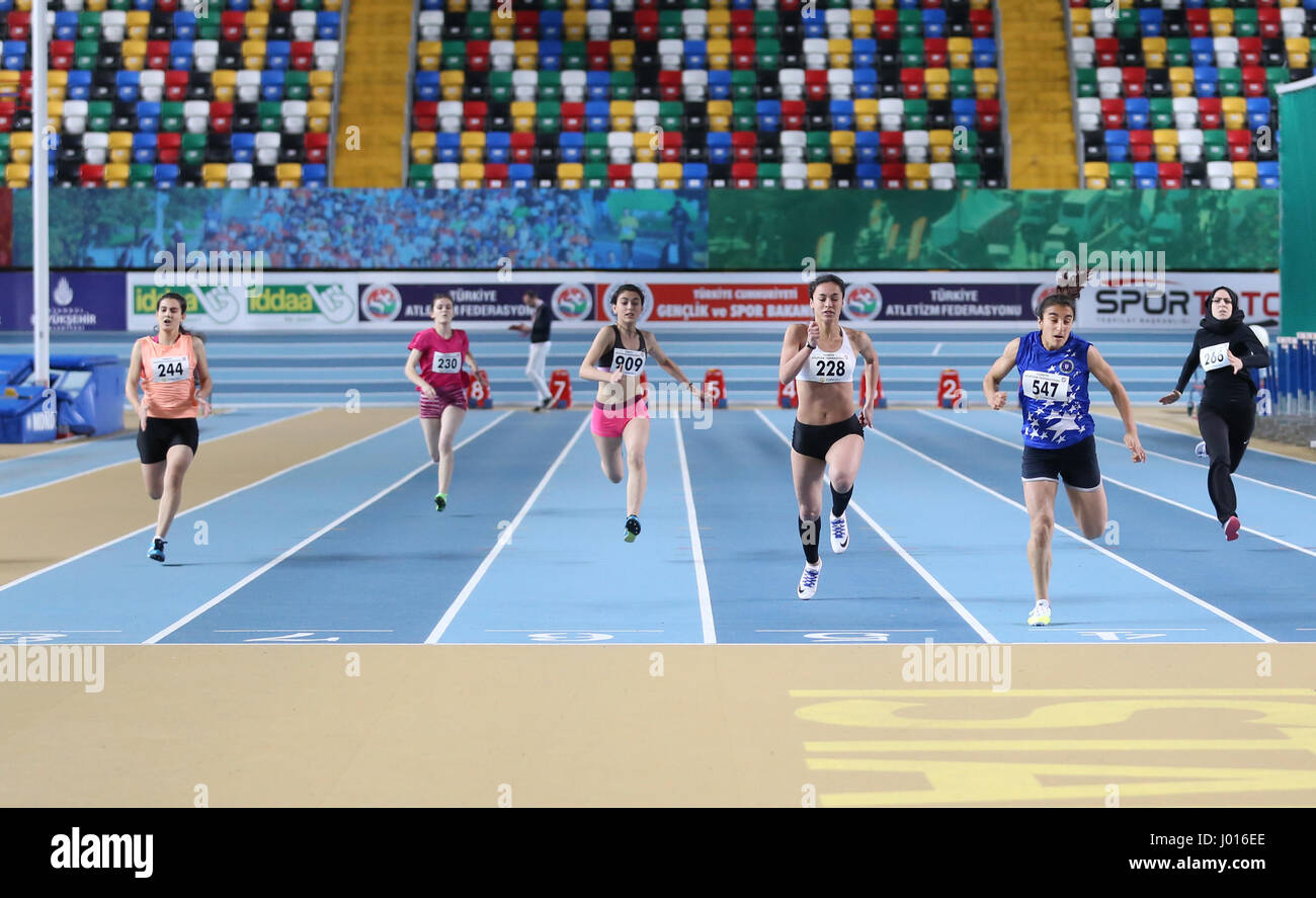ISTANBUL, TURKEY - JANUARY 15, 2017: Athletes running 60 metres during ...