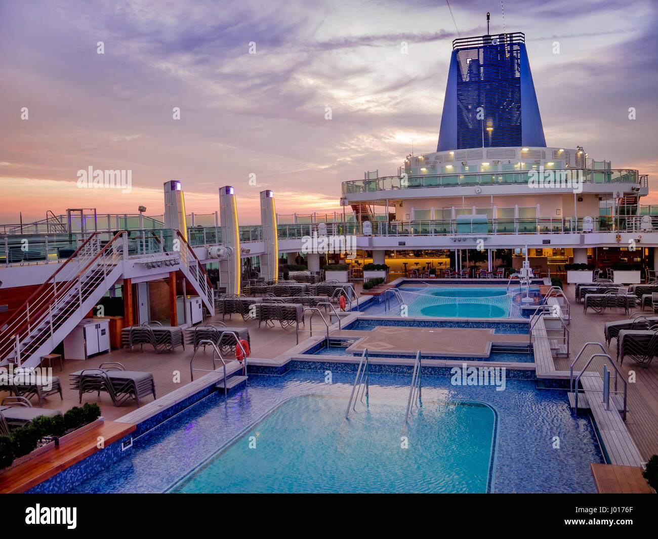 LA CORUNA, SPAIN - MARCH 27 2017: Quiet swimming pool on upper deck of ...