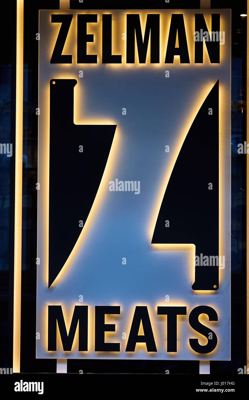 Illuminated sign for Zelman Meats in London Stock Photo