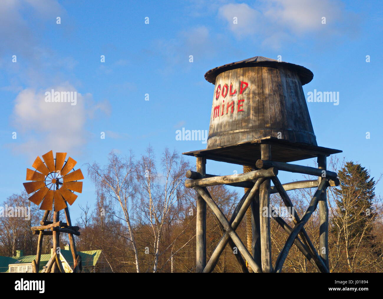 Old wooden water tower and a blue sky Stock Photo - Alamy