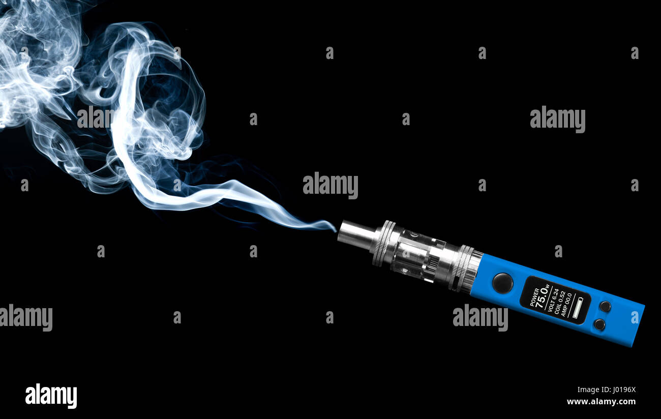 blue electronic cigarette and smoke - isolated on black background Stock  Photo