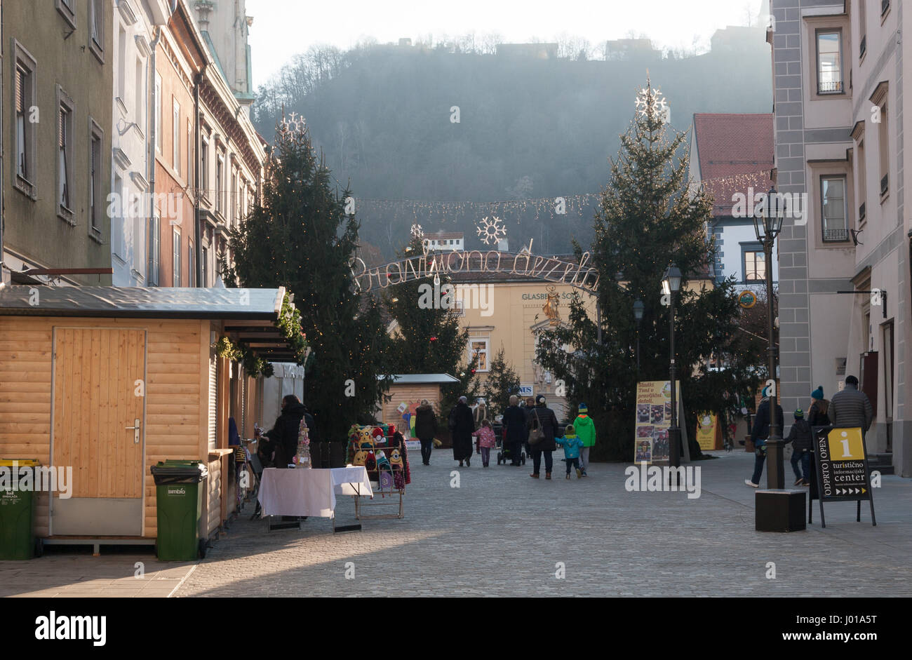 Picture of Christmas fair in Celje, Slovenia. Old and beautiful city has a long tradition of Christmas markets, and fairy land awaits kids in winter. Stock Photo