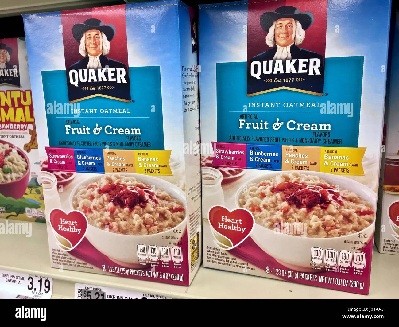 Quaker oatmeal on food market shelf Stock Photo