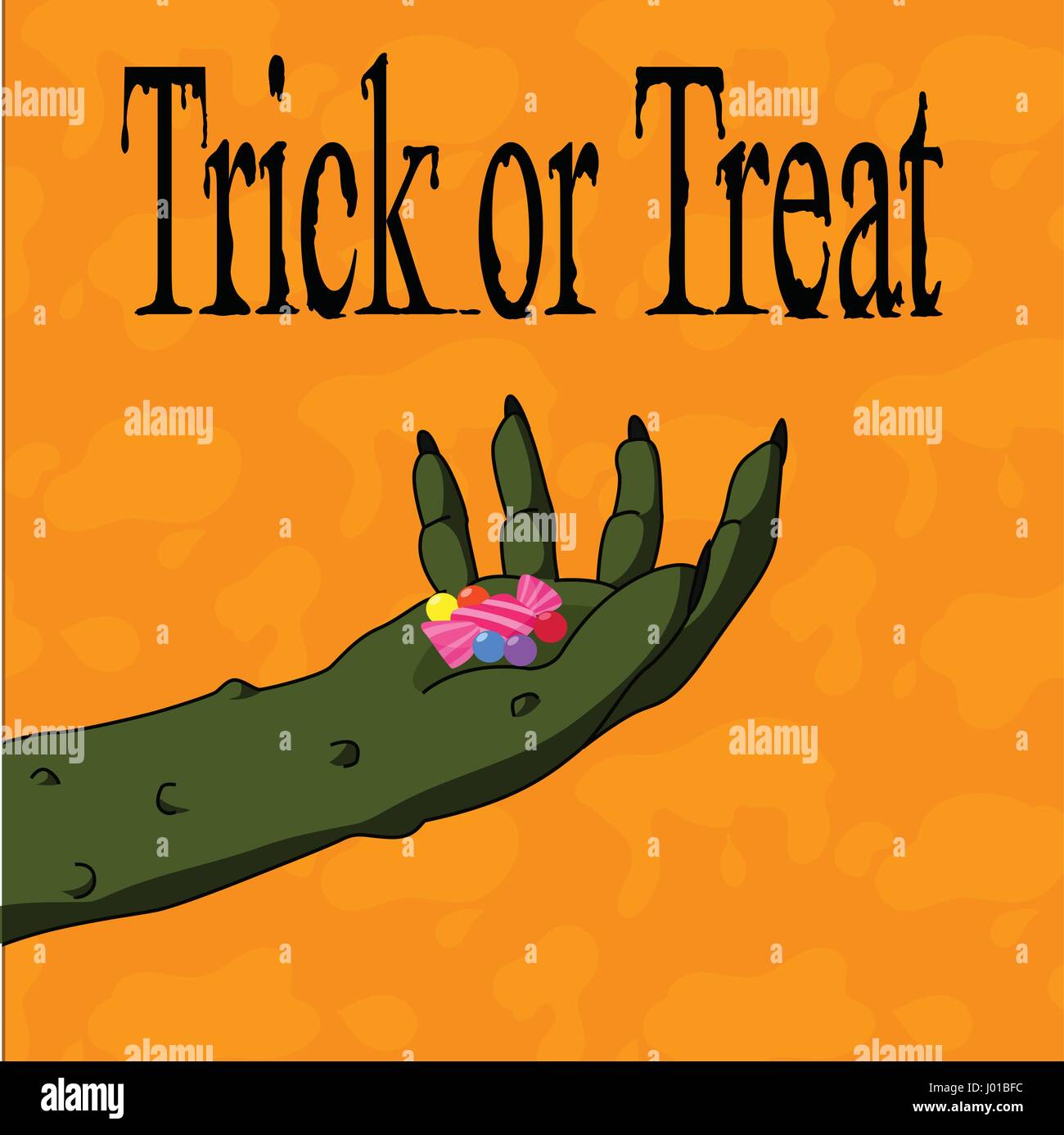 Green hand and black nails of devil holding sweet candy for Trick or Treat Stock Vector