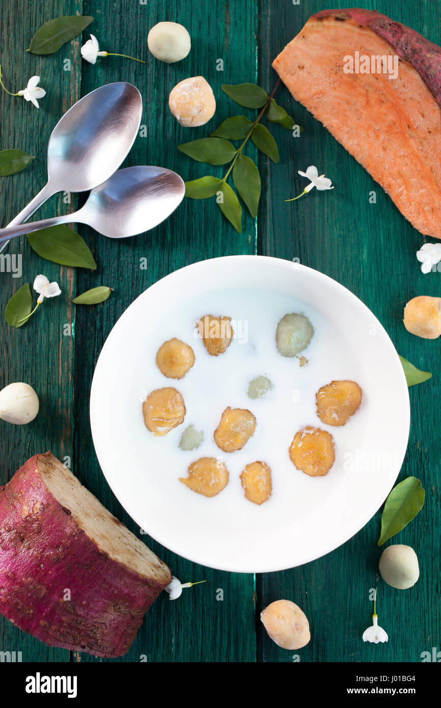 Japanese sweet potato in dumpling coconut milk thai dessert with flat