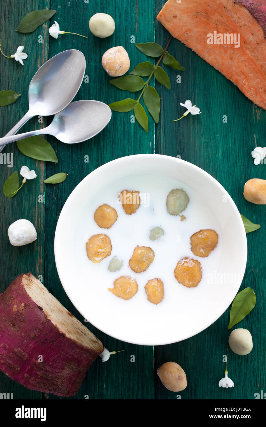 Japanese sweet potato in dumpling coconut milk thai dessert with flat