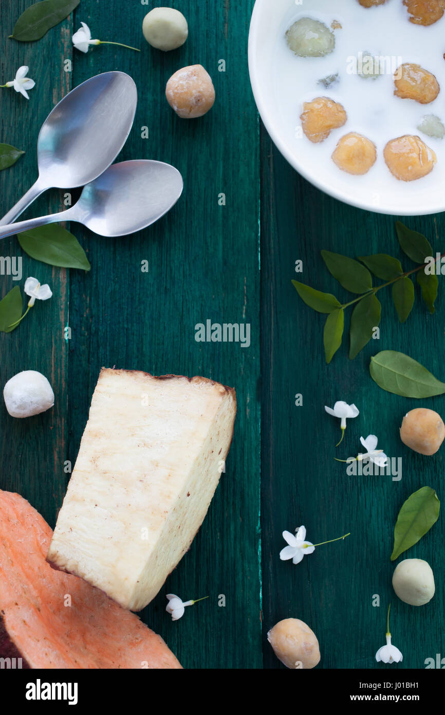 Japanese sweet potato in dumpling coconut milk thai dessert with flat