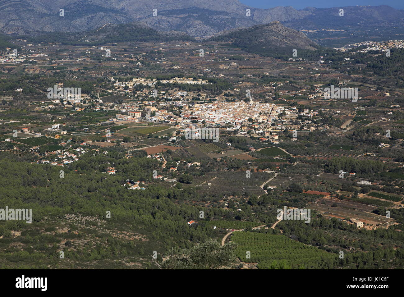 Raised view over Parcent village and Pop Valley, La Marina Alta, Alicante province, Spain Stock Photo