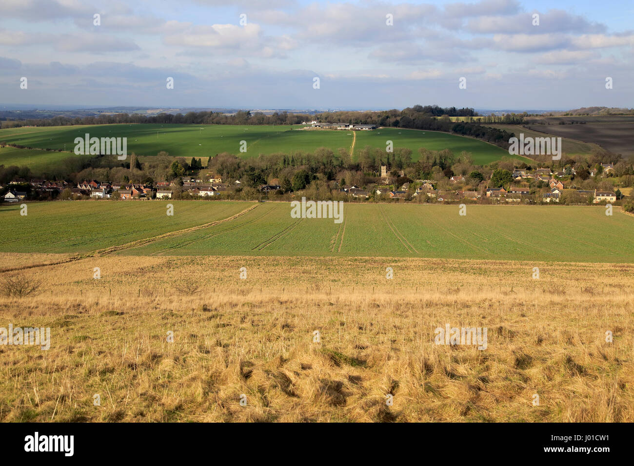 Linear settlement pattern in valley, Cherhill, Wiltshire, England, UK