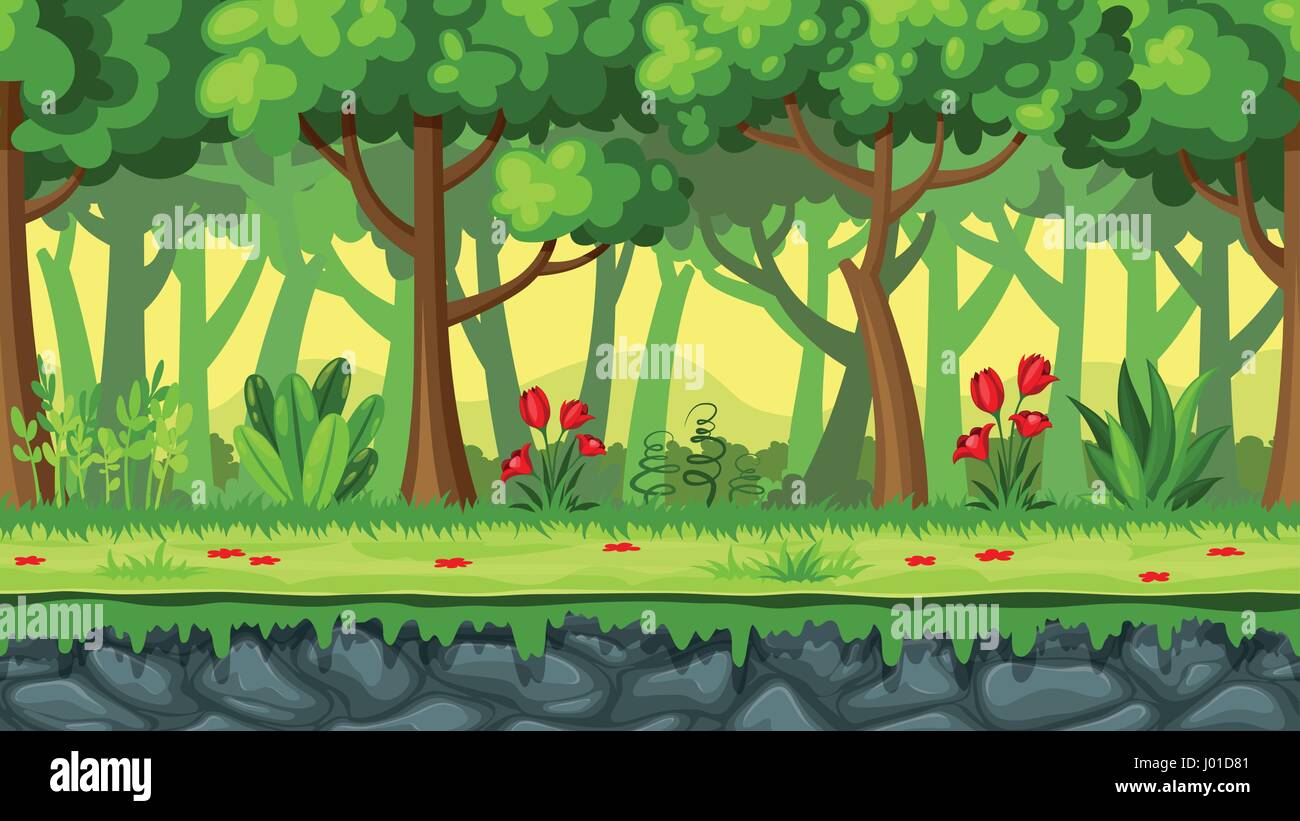 Seamless cartoon nature background. Vector illustration with separate layers. Stock Vector