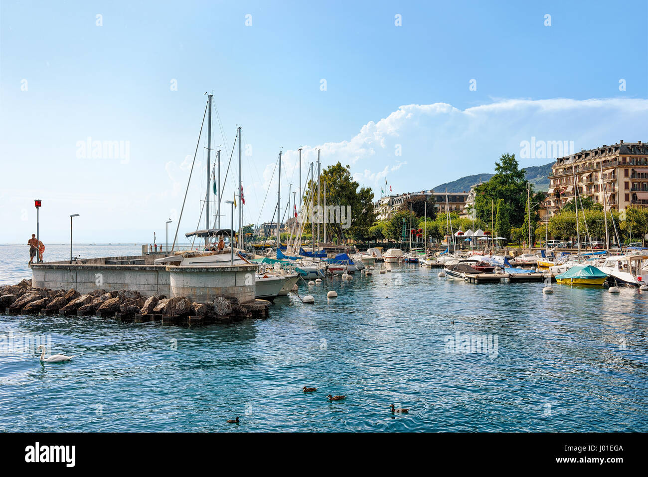 Vevey, Switzerland August 27, 2016 Boats at Geneva Lake in Vevey
