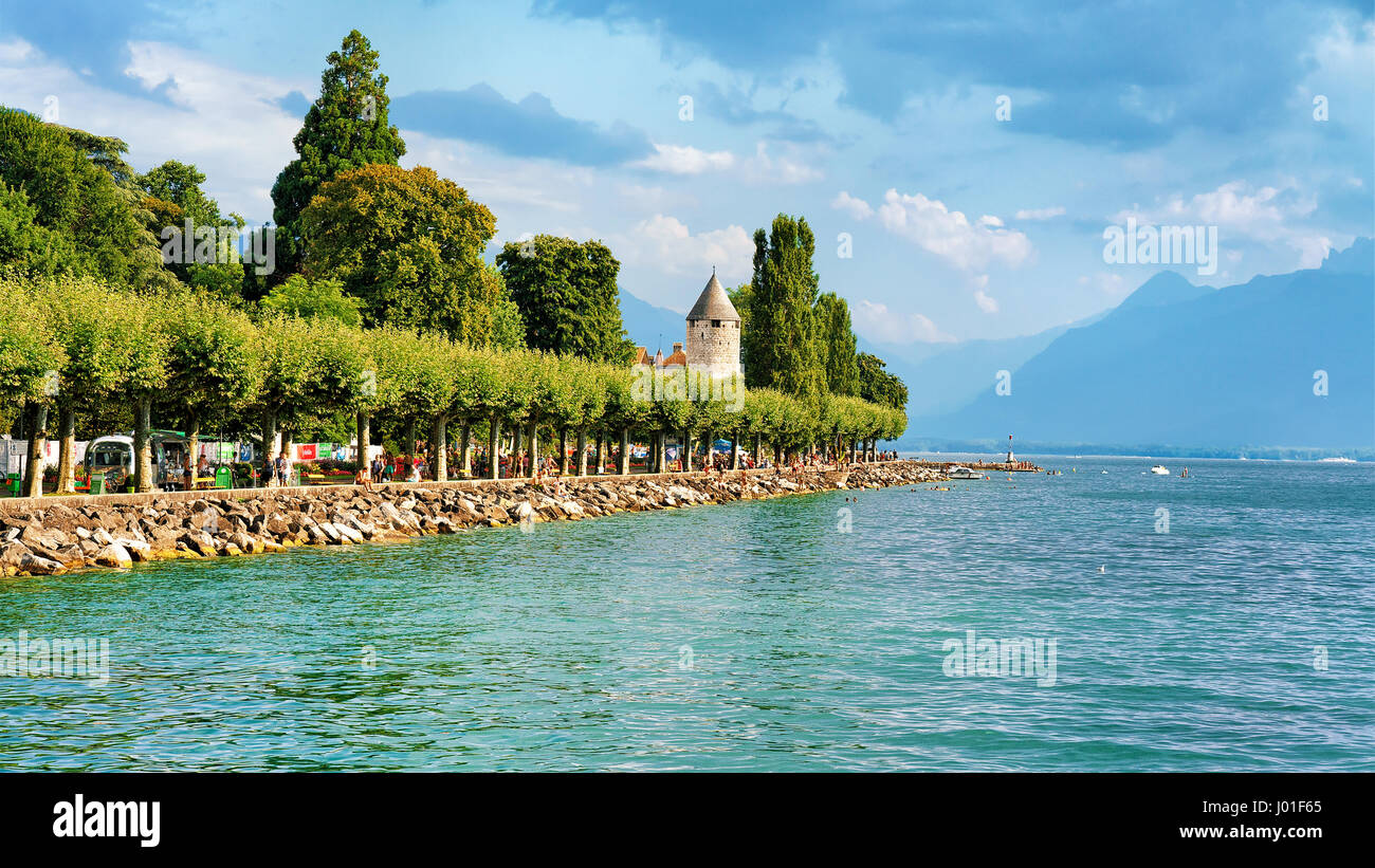 Vevey, Switzerland August 27, 2016 Promenade with Alps mountains and
