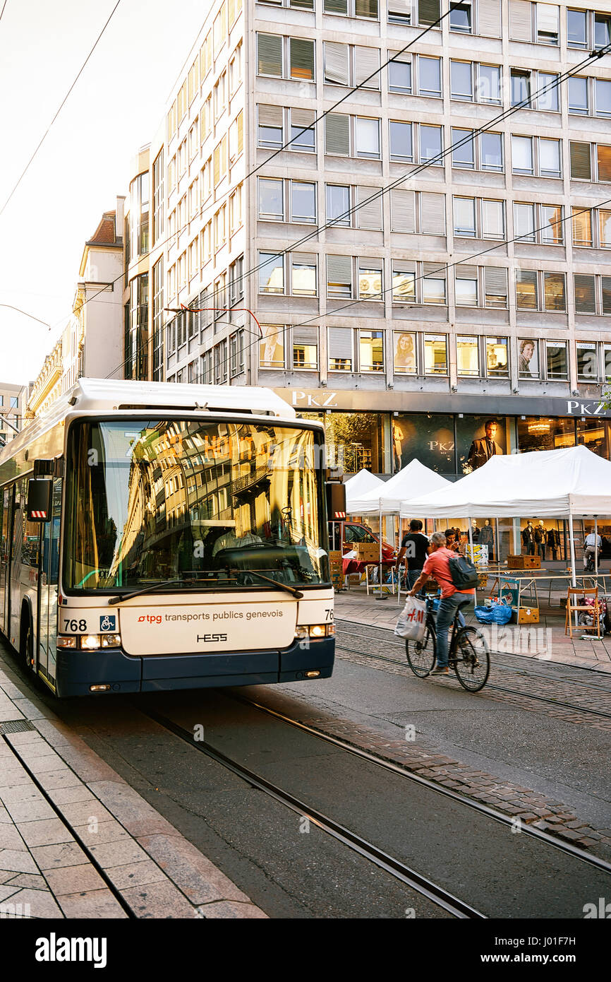 Geneva, Switzerland - August 30, 2016: Running bus on Street in the ...
