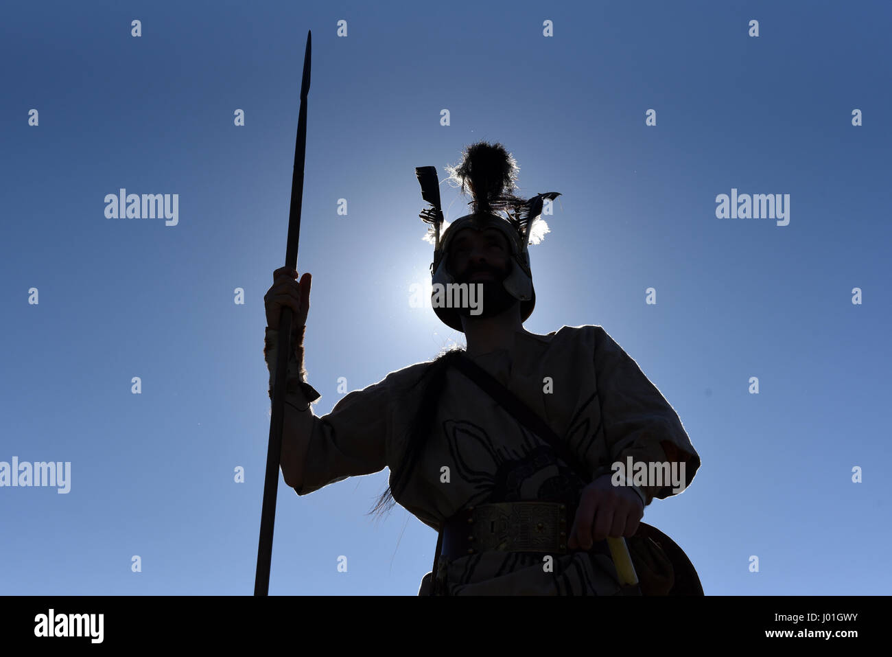 Garray, Spain. 08th Apr, 2017. A man wearing a costume of Celtiberian warriors during a representation in the ancient Celtiberian settlement of Numantia, famous for its role in the Celtiberian War, in Soria, north of Spain. Credit: Jorge Sanz/Pacific Press/Alamy Live News Stock Photo