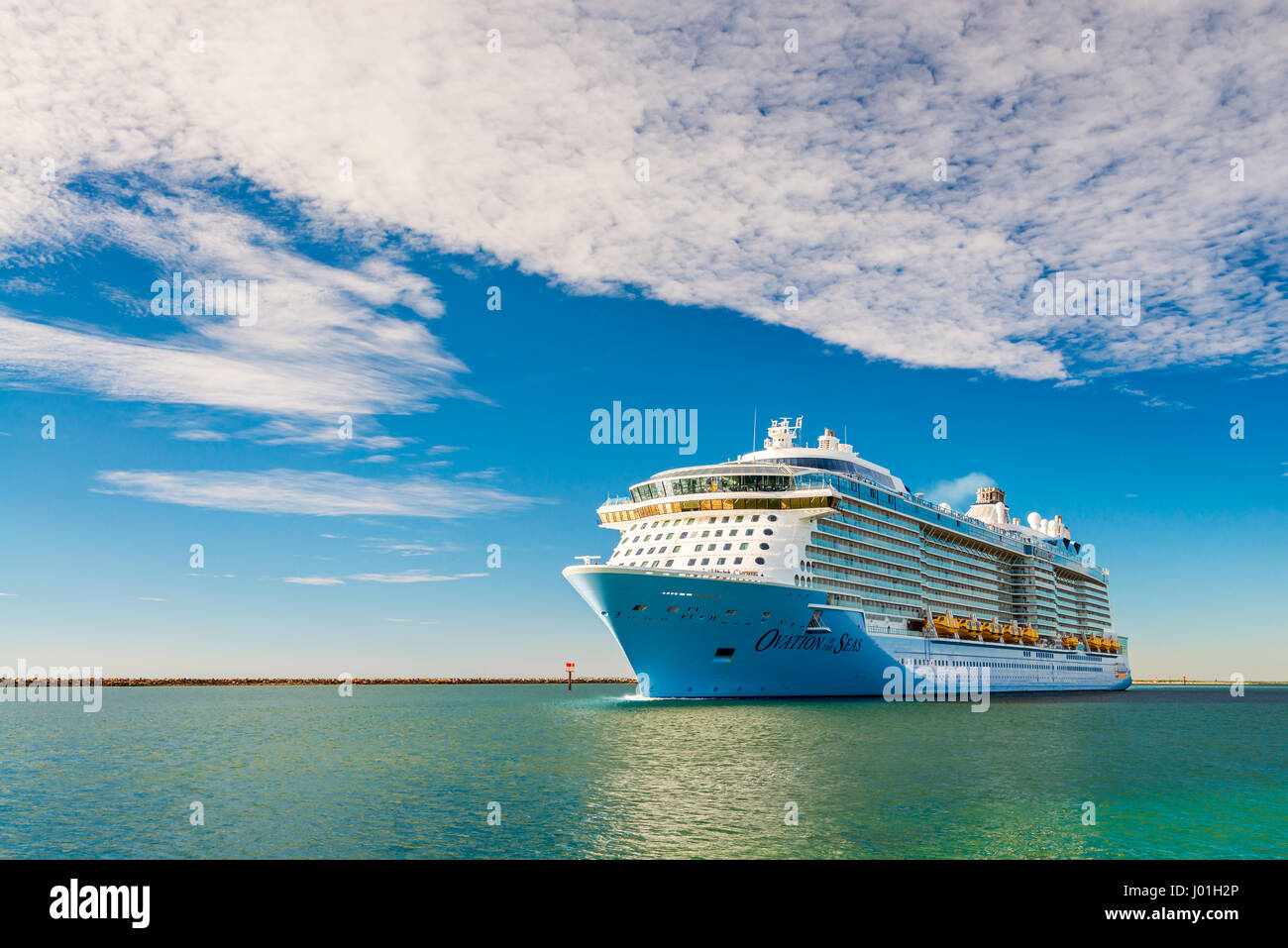 Port Adelaide, South Australia, February 14, 2017:  MS Ovation of the Seas cruise ship leaving Outer Harbour at sunset. Stock Photo