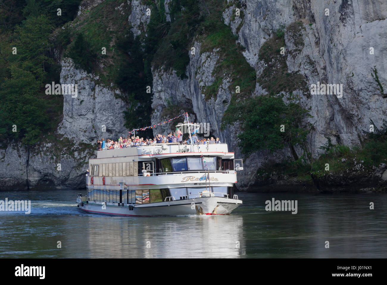 Pleasure boat on the Danube breakthrough, Danube near Kelheim, Lower Bavaria, Germany Stock Photo