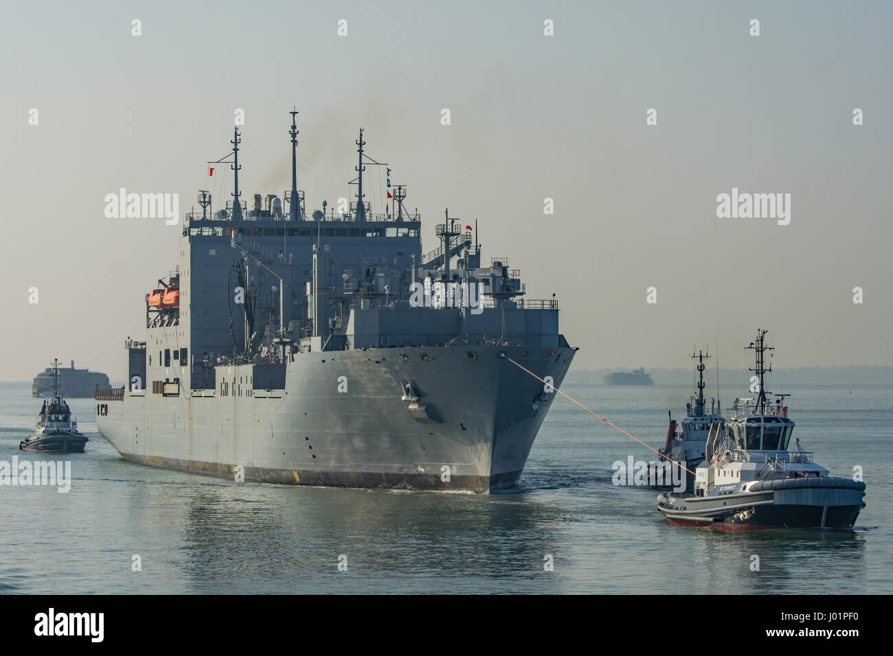 USNS Robert E Peary (T-AKE-5) a US Navy supply ship, making her third visit to Portsmouth, UK on the 6th April 2017. Stock Photo