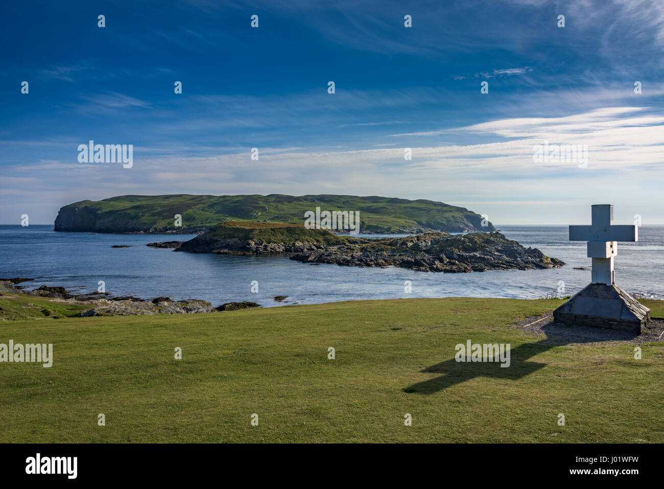 The Thousla Cross, Kitterland & Calf of Man, from The Sound, Isle of Man. Stock Photo