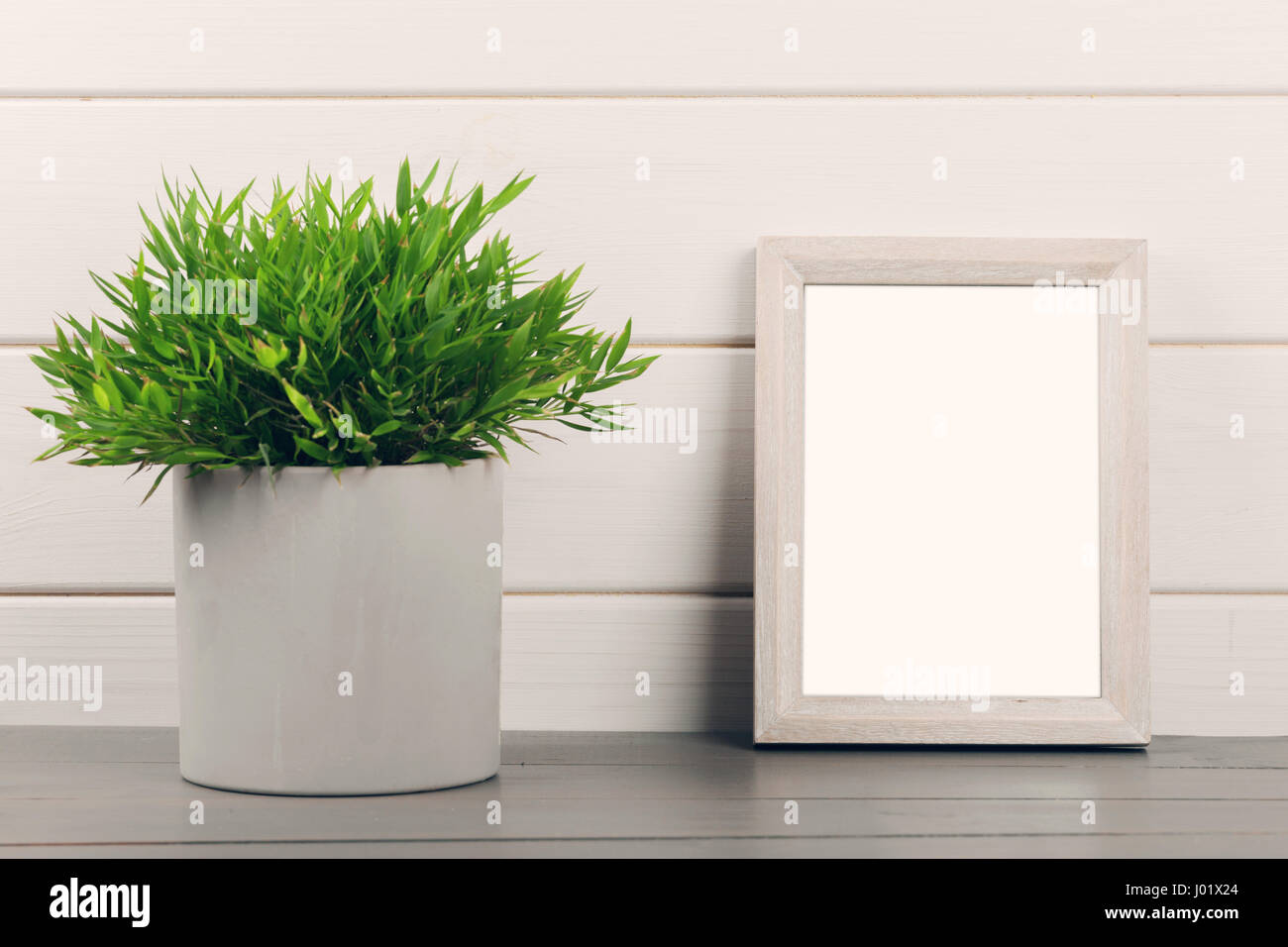 home decoration - blank picture frame and flower pot on wooden table Stock Photo