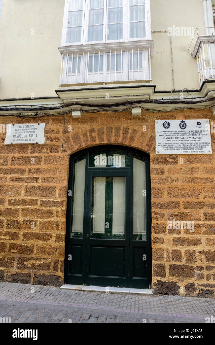 Cadiz Spain- April 1: House where born the Spanish composer Manuel de Falla on 23 November 1876, registration indicates in marble indicates its conmem Stock Photo