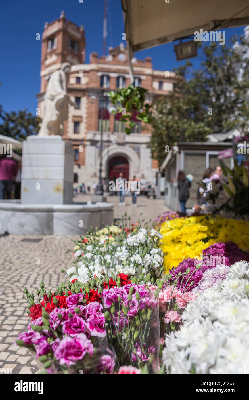 Cadiz flower market (Plaza de las Flores aka Plaza de Topete), with statue  and main Post Office behind, take in Cadiz, Andalusia, Spain Stock Photo -  Alamy