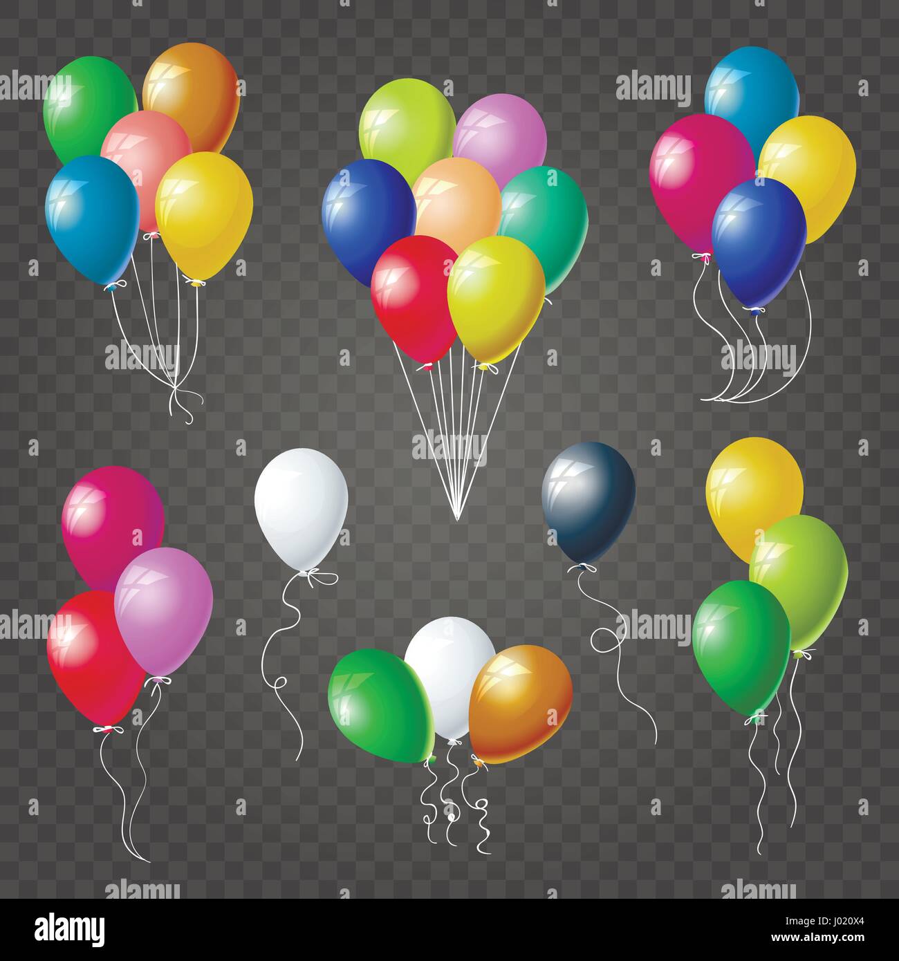 Set of flying colorful helium balloons. Festive decoration elements for birthday, holiday, anniversary, celebration design. Isolated on transparent ba Stock Vector