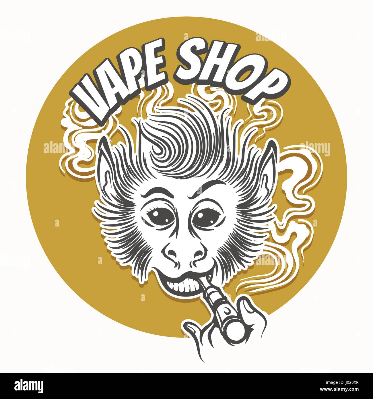 Smiling ape with electronic cigarette. Vape shop Emblem. Vector illustration Stock Vector